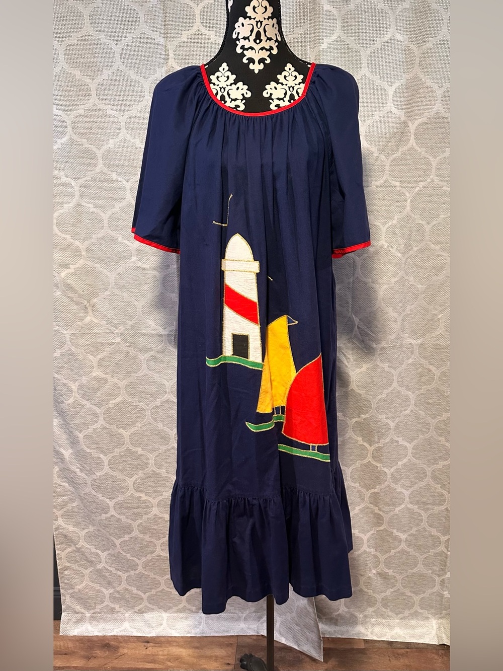 70s/80s Swirl Directions Nautical Muumuu/Kaftan Navy Lounger Dress size L